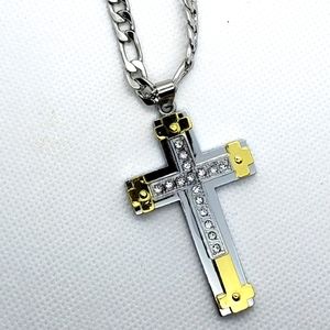 GORGEOUS large 2 TONE STAINLESS STEEL CROSS FIGARO Chain
